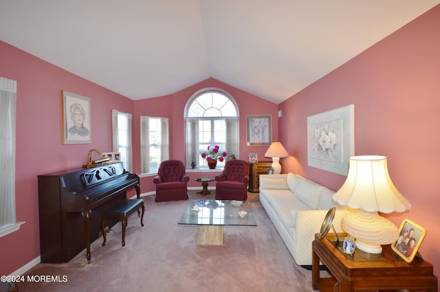 carpeted living room with lofted ceiling