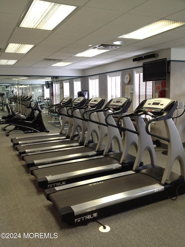 workout area featuring a paneled ceiling and a healthy amount of sunlight