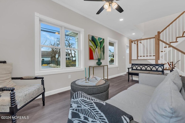 living room featuring ceiling fan, crown molding, and hardwood / wood-style flooring