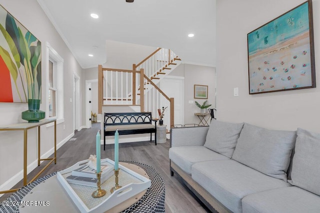 living room with hardwood / wood-style floors and ornamental molding