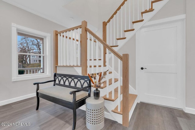 stairway featuring crown molding and wood-type flooring