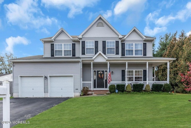 view of front of home with a front lawn, covered porch, and a garage