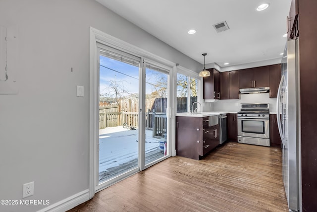 kitchen featuring hardwood / wood-style floors, pendant lighting, dark brown cabinets, and appliances with stainless steel finishes