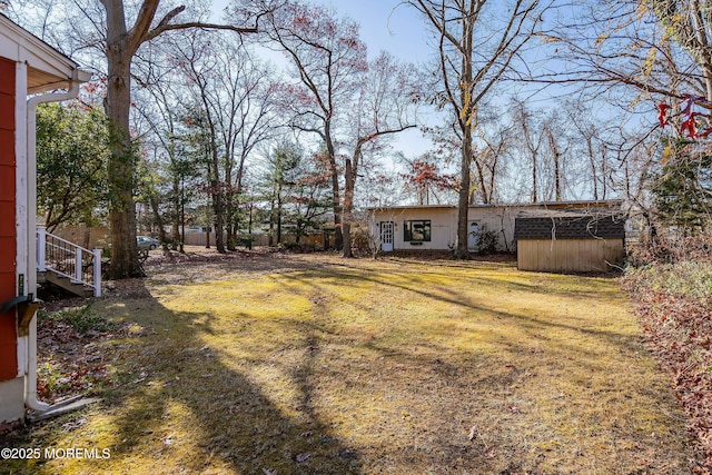 view of yard with a storage unit