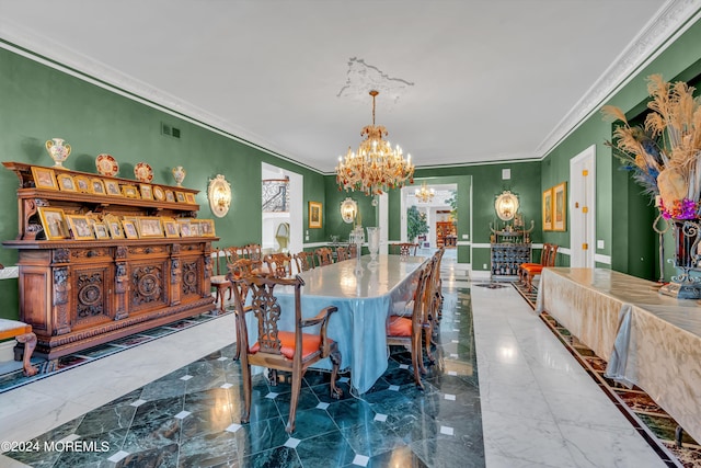 dining area with crown molding and a notable chandelier