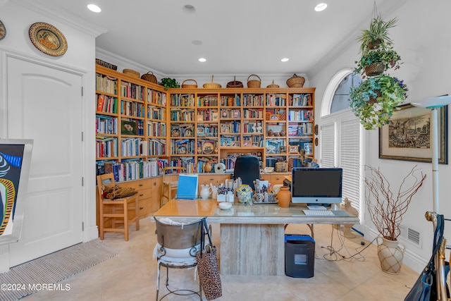 tiled home office featuring crown molding