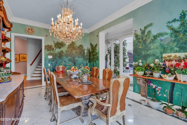 dining room featuring ornamental molding and an inviting chandelier