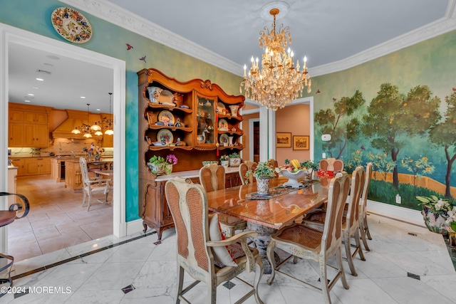 dining area with crown molding and an inviting chandelier