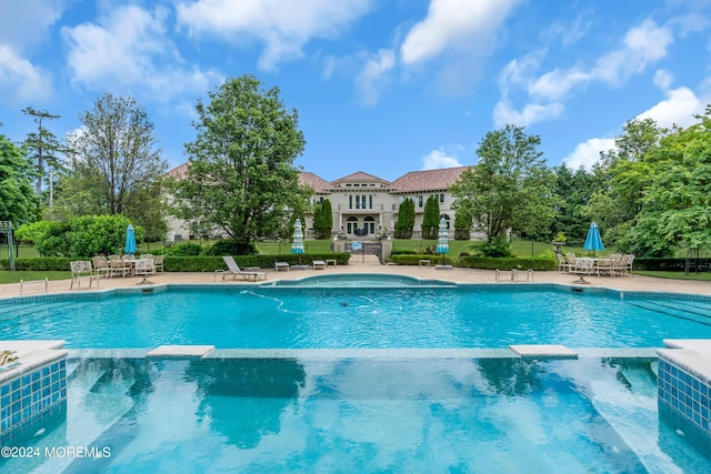 view of swimming pool with a patio