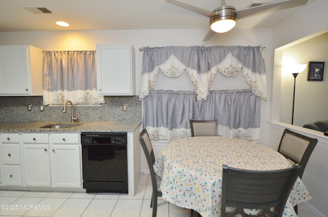 kitchen featuring white cabinets, decorative backsplash, sink, and black dishwasher