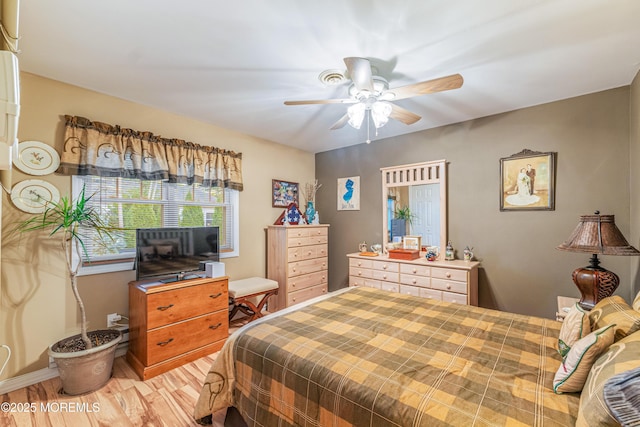 bedroom featuring ceiling fan and light wood-type flooring