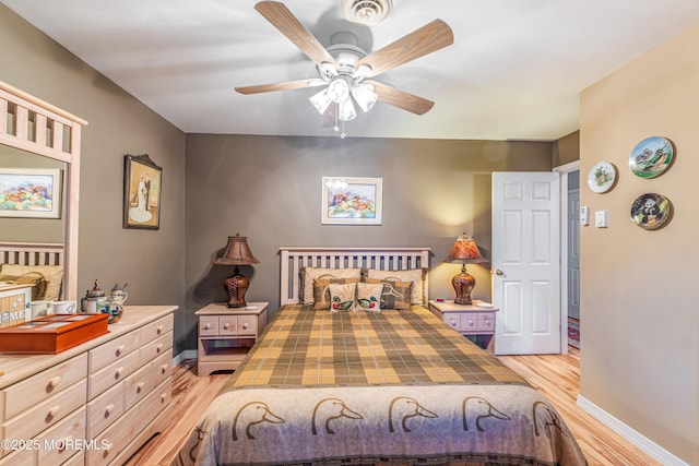 bedroom with ceiling fan and light wood-type flooring