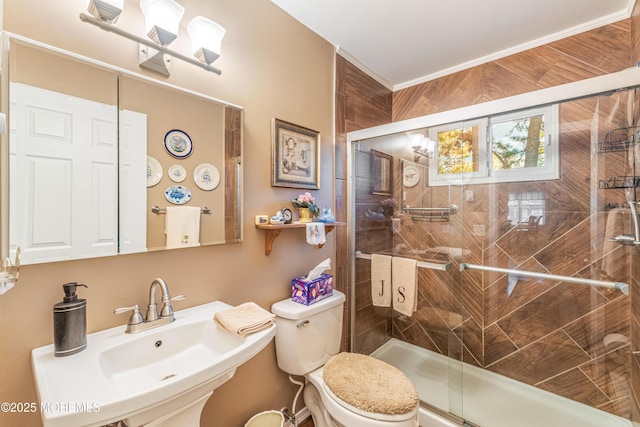 bathroom with sink, a shower with door, and toilet