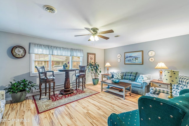 living room featuring ceiling fan, hardwood / wood-style floors, and a baseboard heating unit