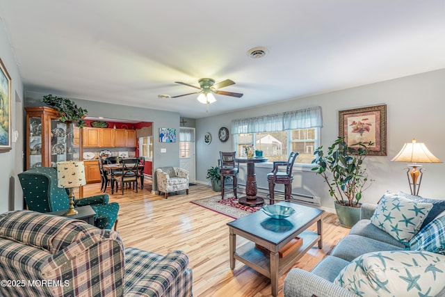 living room with ceiling fan and light hardwood / wood-style floors