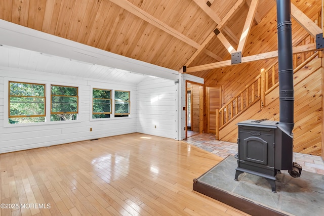 unfurnished living room with beam ceiling, a wood stove, wood walls, and wood-type flooring