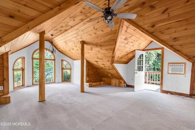 additional living space with ceiling fan, wood ceiling, and light carpet