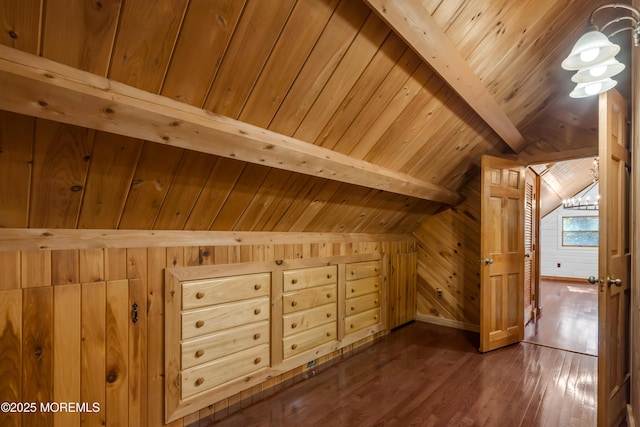 additional living space with wood walls, dark hardwood / wood-style flooring, lofted ceiling with beams, and wooden ceiling