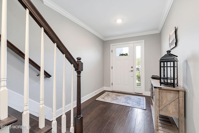 entryway featuring dark wood-style floors, baseboards, stairs, and ornamental molding