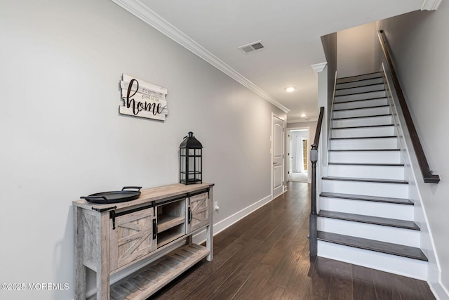 interior space with visible vents, baseboards, stairway, dark wood-style floors, and crown molding