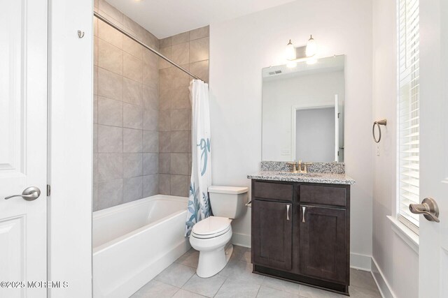 bathroom with shower / bath combo, baseboards, toilet, tile patterned floors, and vanity