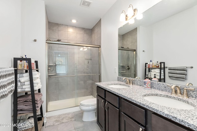 bathroom featuring double vanity, a shower stall, visible vents, and a sink