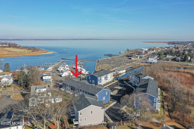 drone / aerial view featuring a water view