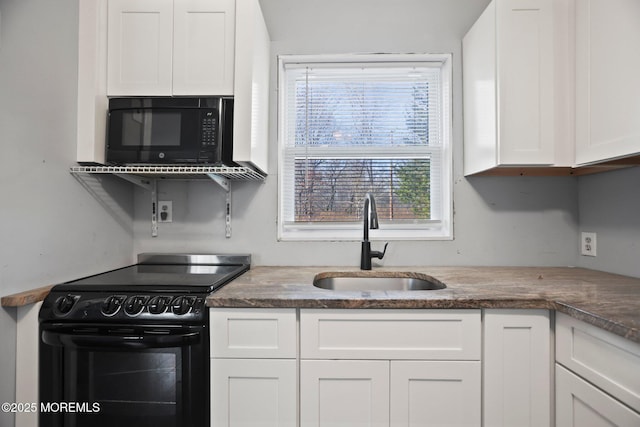 kitchen with white cabinets, sink, and black appliances