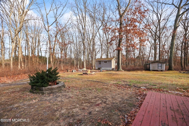 view of yard featuring a storage shed