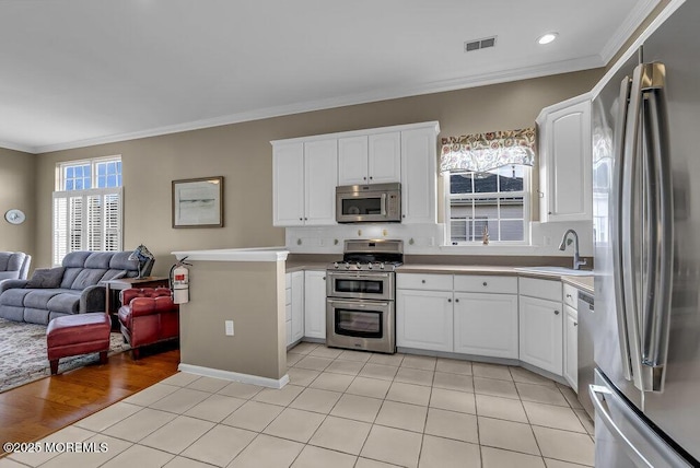 kitchen with white cabinets, appliances with stainless steel finishes, crown molding, and sink