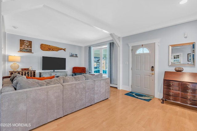 living room featuring baseboard heating and hardwood / wood-style floors