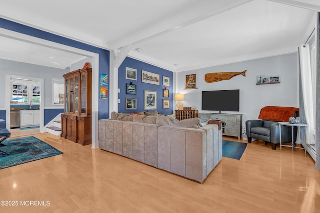 living room with sink, light hardwood / wood-style flooring, and ornamental molding