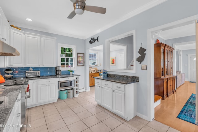 kitchen featuring white cabinets, ornamental molding, and dark stone countertops