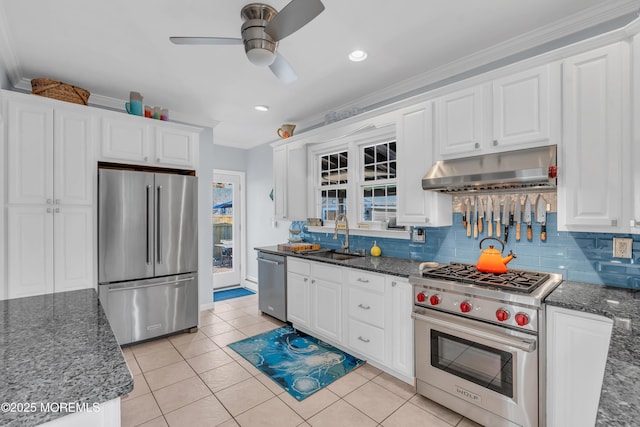 kitchen featuring crown molding, white cabinets, and appliances with stainless steel finishes