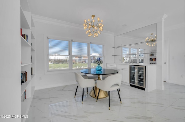 dining room with an inviting chandelier, wine cooler, crown molding, and built in shelves