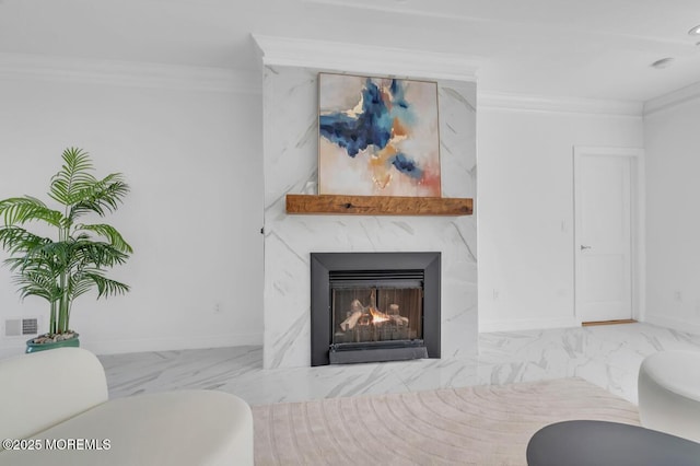 room details with a fireplace and ornamental molding