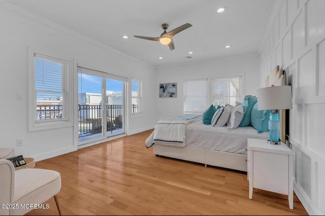 bedroom with crown molding, access to exterior, ceiling fan, and light hardwood / wood-style floors