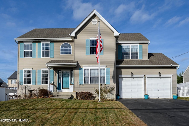 view of front of home with a front yard and a garage