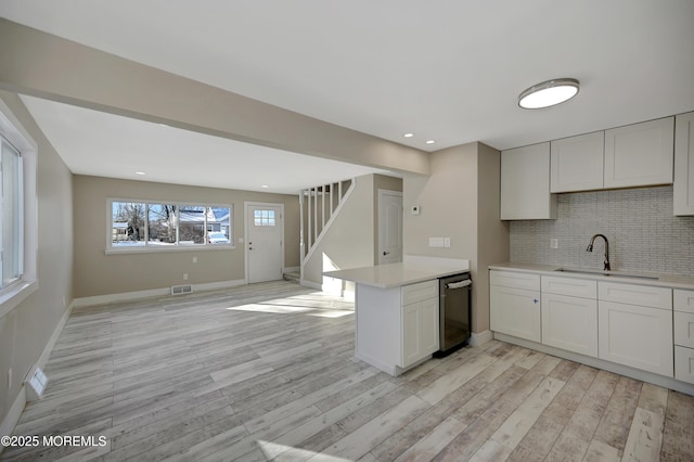 kitchen with white cabinetry, sink, tasteful backsplash, light hardwood / wood-style flooring, and kitchen peninsula