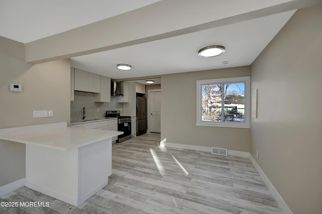 kitchen with kitchen peninsula, stainless steel appliances, wall chimney range hood, sink, and white cabinets