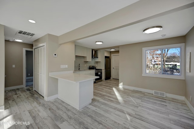 kitchen featuring sink, wall chimney exhaust hood, stainless steel appliances, kitchen peninsula, and white cabinets