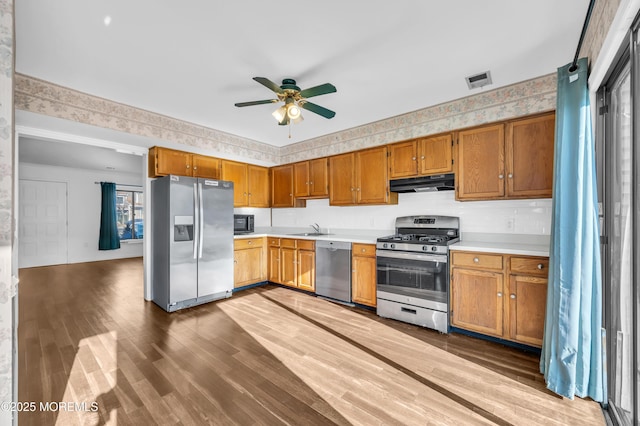 kitchen with appliances with stainless steel finishes, ceiling fan, dark wood-type flooring, and sink