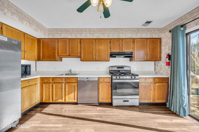 kitchen featuring ceiling fan, sink, hardwood / wood-style floors, and appliances with stainless steel finishes