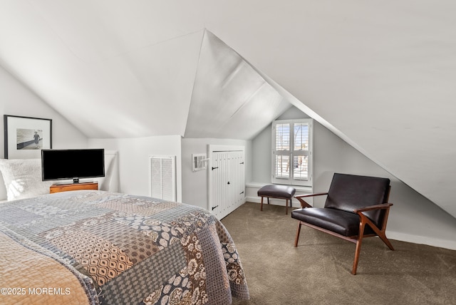 carpeted bedroom with lofted ceiling, visible vents, and baseboards