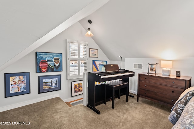 bedroom with lofted ceiling, carpet, visible vents, and baseboards