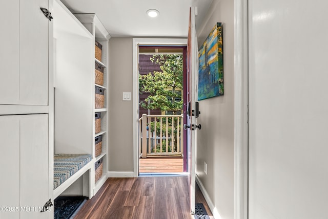 mudroom with baseboards and dark wood-type flooring