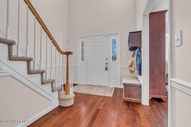 foyer entrance with a towering ceiling and dark wood-type flooring