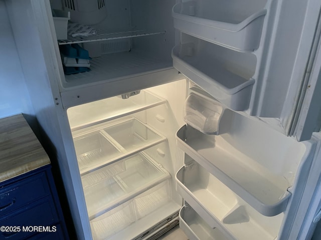 room details with blue cabinets and fridge