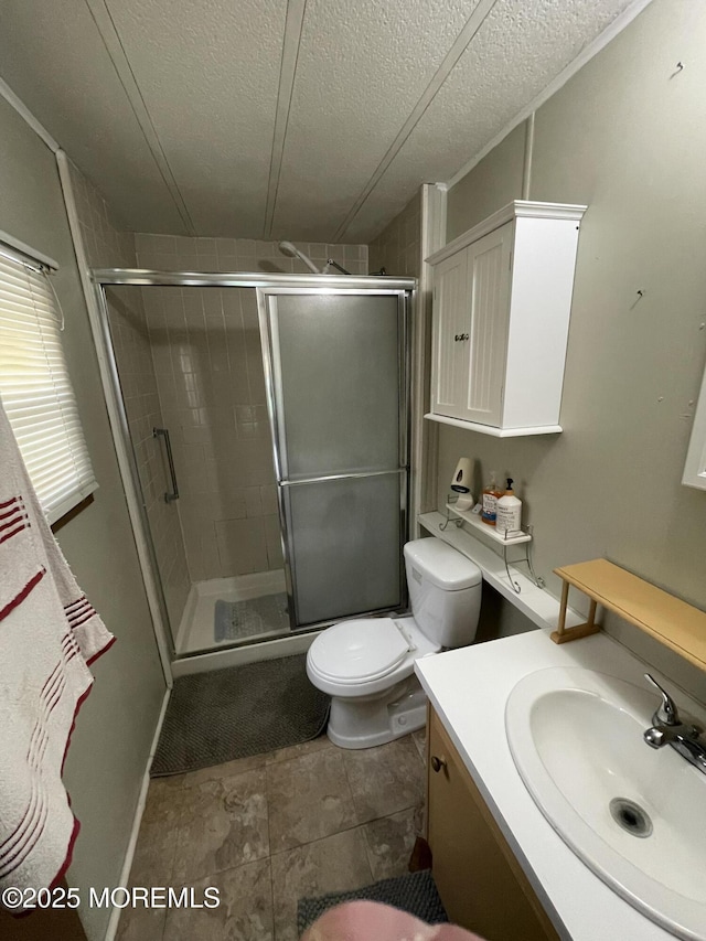 12 Pigeon Ct, Whiting, NJ 08759 - bathroom with toilet, a textured ceiling, a shower stall, and vanity