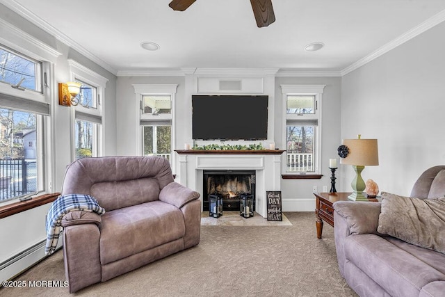 carpeted living room featuring baseboard heating, a wealth of natural light, and crown molding